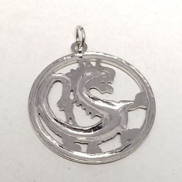 Vintage Dragon Circle Shape Pendant, Silver Tone, Four Toe, Unisex Estate - Picture 3 of 5